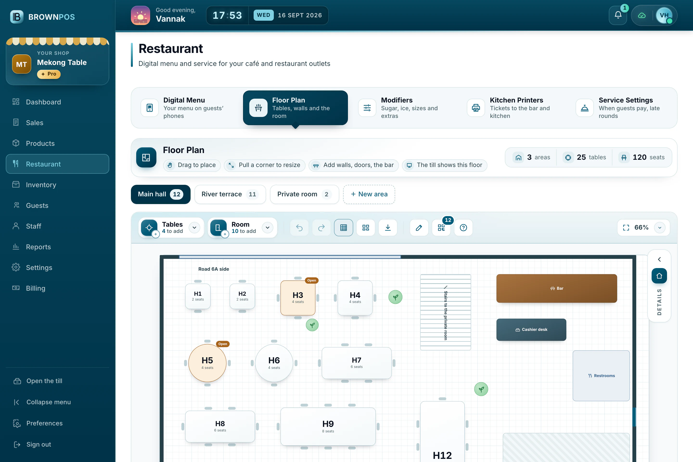 Cambodia POS System — The floor plan editor in Mekong Table’s back office: tables drawn where they stand, with the host stand, bar, cashier desk, stairs, restrooms and kitchen