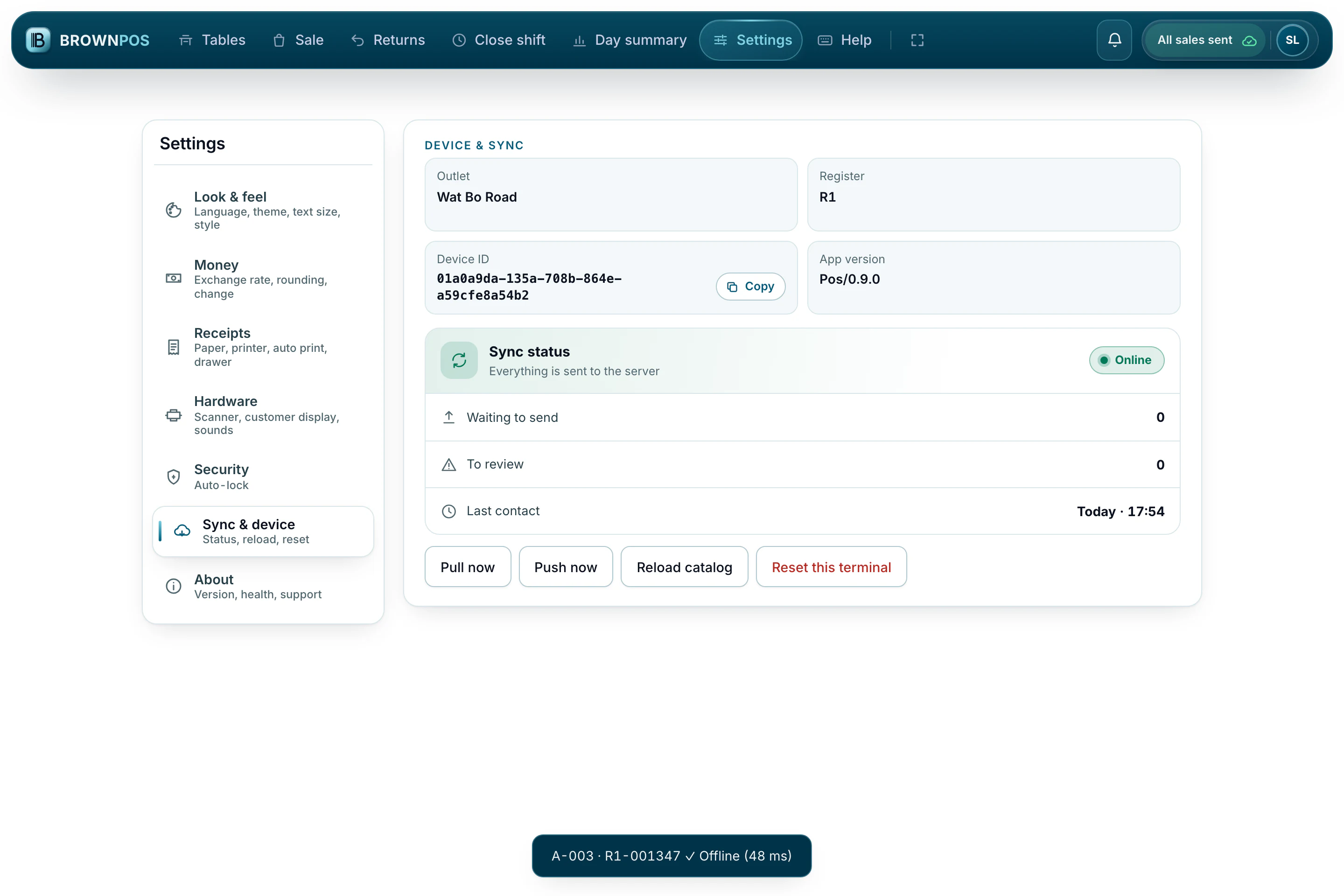 Cambodia POS System — The till’s Sync status back online: everything is sent to the server and nothing is waiting