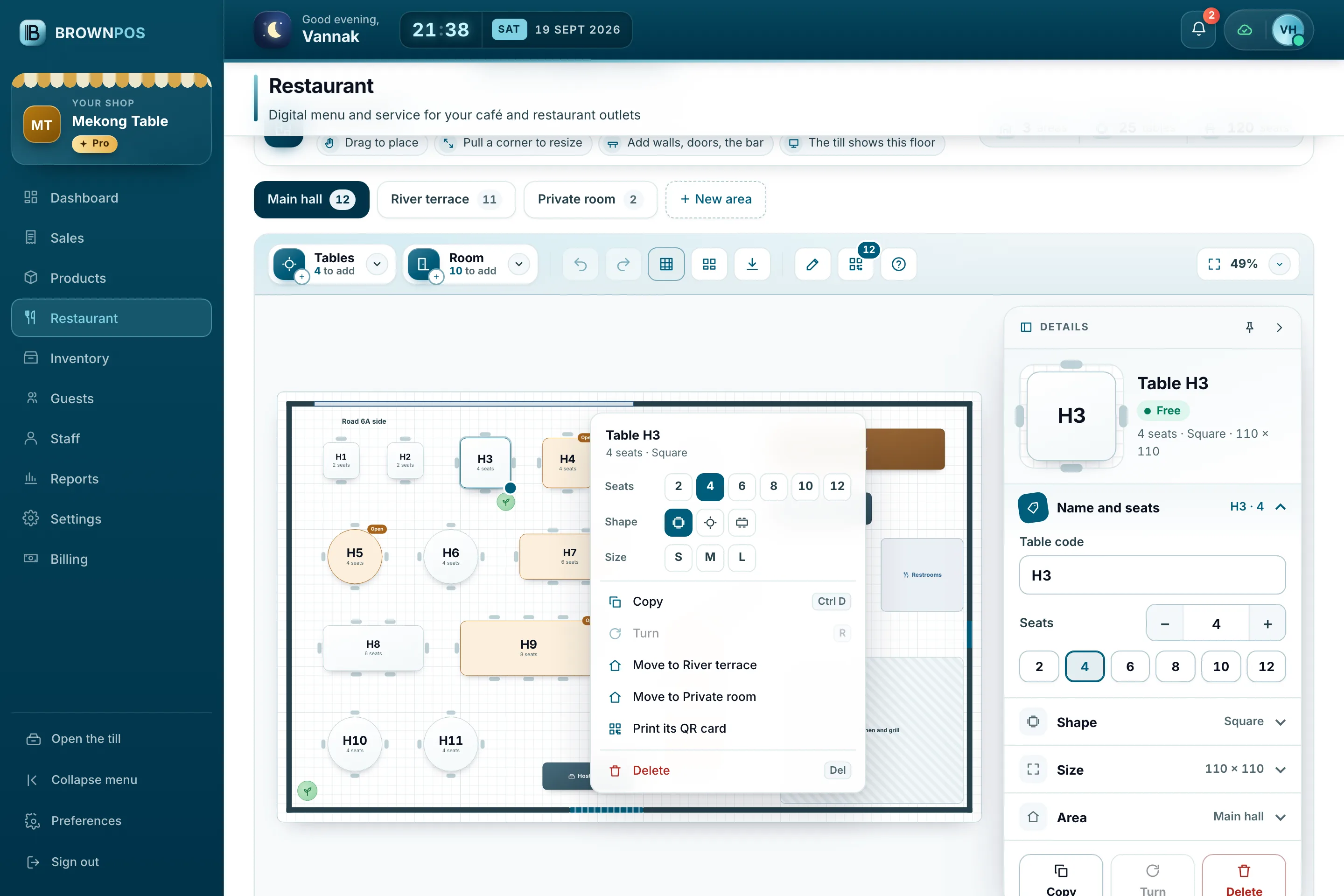 Cambodia POS System — The right-click menu on table H3 in the floor plan editor: seats, shape, size, copy, turn, move to another area, print its QR card and delete