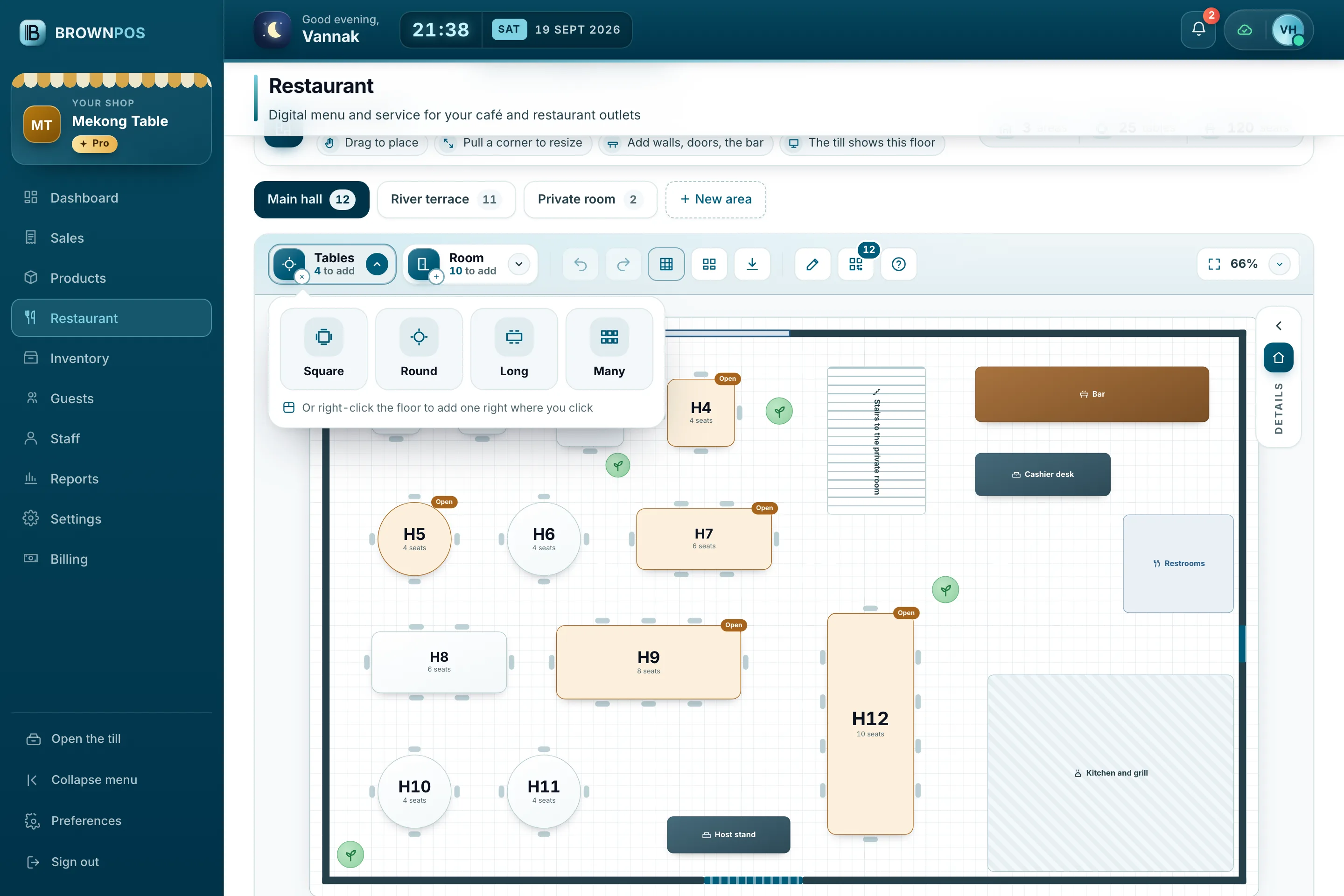 Cambodia POS System — The Tables drop-down in the floor plan editor: square, round, long or many tables